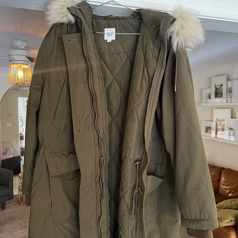 GAP Olive Puffer Coat with Faux Fur Hood